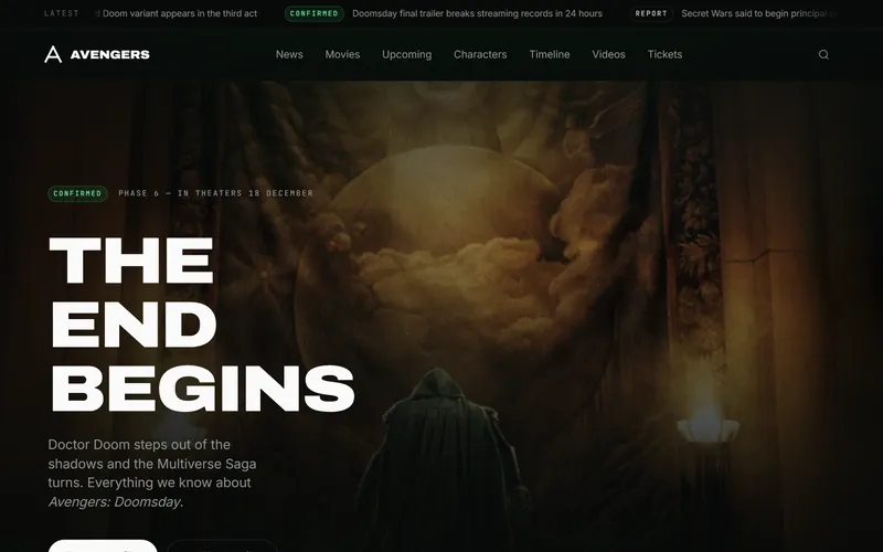 Avengers Universe home page showing dark cinematic key art with a live release countdown.