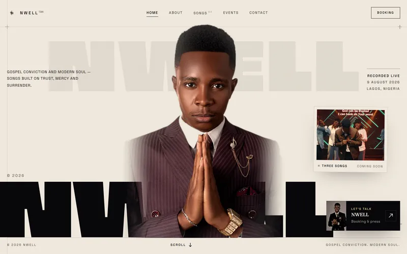 NWELL home page showing a warm cream editorial layout with a live session portrait.