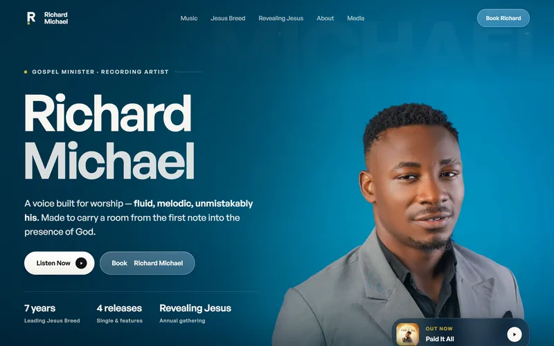 Richard Michael home page showing a deep teal artist platform with a featured release.