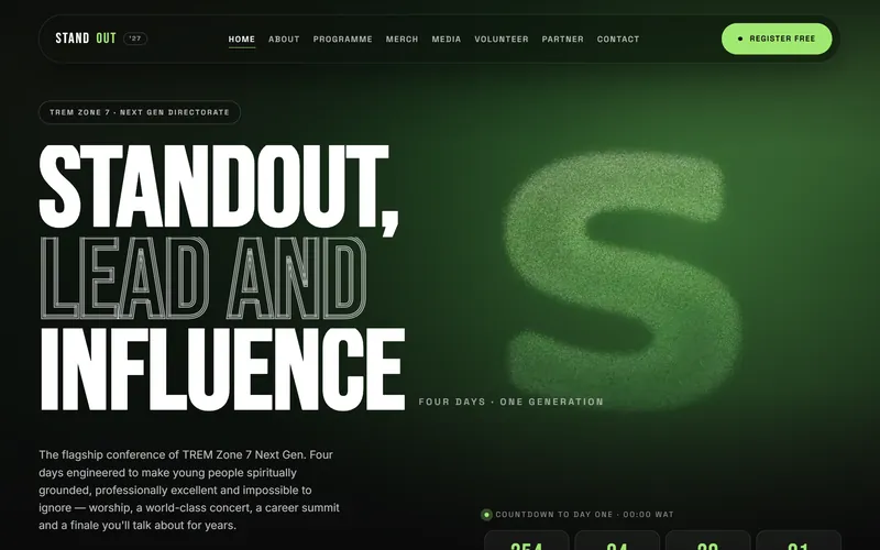 STANDOUT 2027 home page showing a video hero with a countdown to day one.